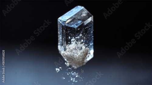A stunning close-up of a blue aquamarine crystal, showcasing its intricate facets and natural beauty. The crystal is set against a dark background, highlighting its transparency and brilliance