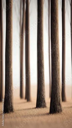 Tall tree trunks fog mist forest calm peaceful soft,vertical video