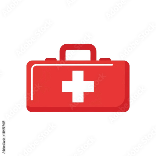 Emergency Medical First Aid Kit Icon Red Suitcase with White Plus Symbol