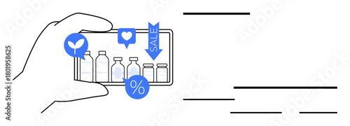Mobile shopping scene with a hand holding a smartphone showing a variety of bottles, sale tags, heart and percentage signs. Ideal for ecommerce, marketing, discount, promotion, retail, online