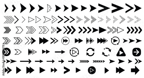 Collection of diverse arrow icons and symbols representing direction movement and navigation