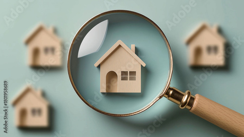 Wooden house model under magnifying glass on teal background, real estate search concept highlighting property inspection and house selection