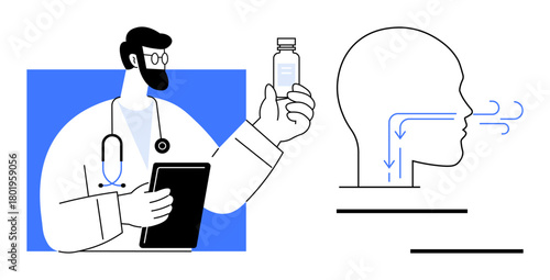 Male doctor holding medicine and tablet beside a diagram of human respiratory system airflow. Ideal for healthcare, medicine, respiratory health, treatments, education, science, and medical tools