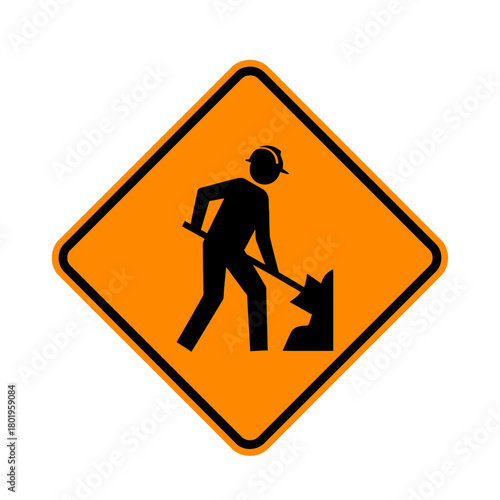 Official Road Work Sign with Worker Carrying Cart Symbol Warning Hazard Icon