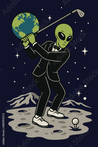 Humorous Alien in a Suit Playing Golf with Planet Earth