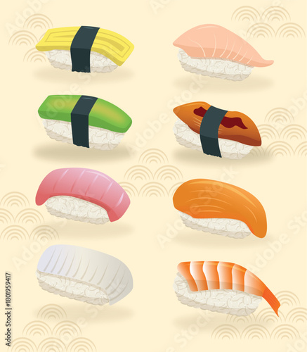 Asian food different type of sushi vector sets