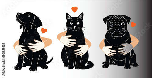 Three black pets a dog a cat and a pug are held by gentle hands with orange hearts above their heads