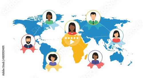 Diverse group of people connected globally on a stylized world map representing international community and communication