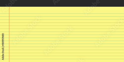 Legal Yellow Paper Line Notebook with Black Spine Background. Lined Note Pad Memo Texture. Vector Illustration