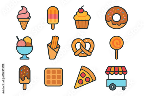 Colorful cartoon dessert icons featuring ice cream, cupcake, donut, and more.