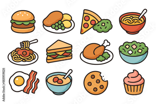 Colorful cartoon food icons featuring burgers, pizza, and cupcakes.