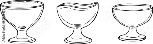 Empty glass dessert cup set monochrome vector illustration. Placeholder, bowl for jam, honey, ice cream, or pudding etching drawing. Sundae dish clip art for menu design, packaging label, recipe book