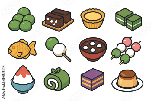 Collection of japanese desserts and sweets including mochi and dango.