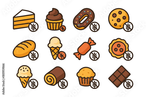 Assorted vegan desserts icons: cakes, ice cream, cookies, chocolate, cupcakes, donuts.