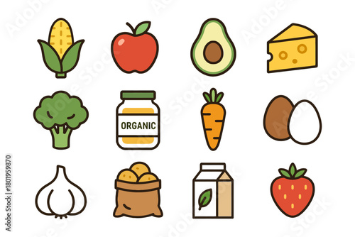 Colorful icon set of fresh fruits, vegetables, dairy, and organic goods.