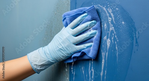 Cleaning wall with a blue microfiber cloth and soapy water by hand