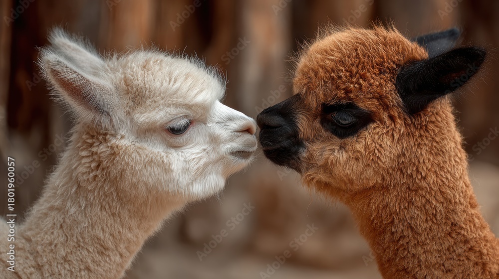 Fototapeta premium Two young alpacas touching noses shows connection and tenderness between animals; the young white and brown alpaca interacting intimately