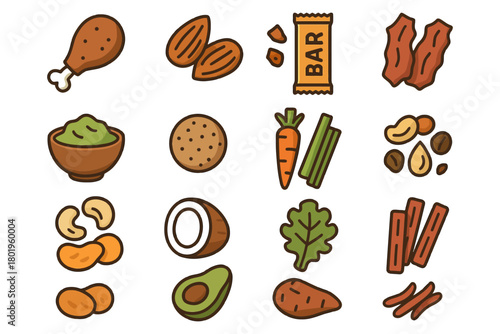 Colorful healthy snack food icons including vegetables, nuts, and protein bar.