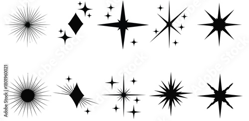 Collection of stylized sparkling starburst and diamond shapes in black and white graphic design elements