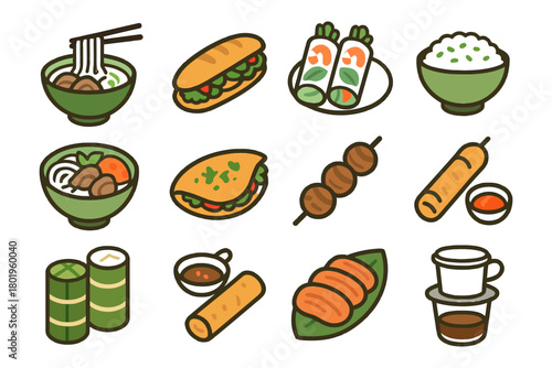 Icon set of vietnamese cuisine: pho, banh mi, spring rolls, coffee, rice.