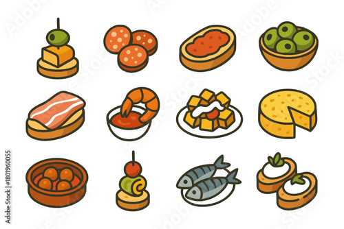 Assorted tapas icons: cheese, olives, seafood, meats, and vegetables.