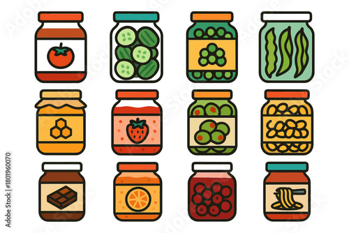 Colorful collection of assorted jarred foods with fruits, vegetables, and preserves.