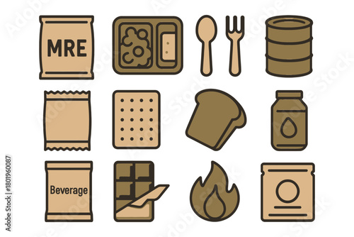 Military ration icons including mre, utensils, and food items.