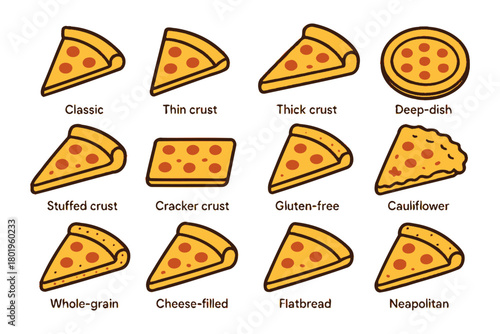 Variety of pizza styles: classic, thin crust, cheese-filled, neapolitan, gluten-free options.