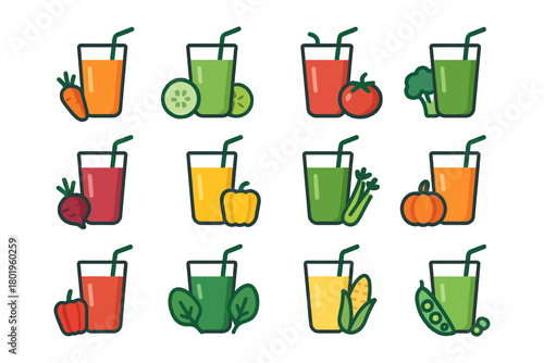 Colorful juice icon set with vegetables and fruits.