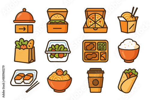 Assorted takeout icons: pizza, sushi, salad, coffee, and more on white background.