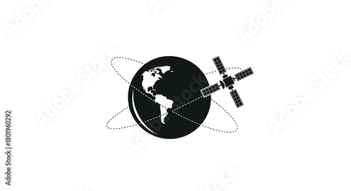 Stylized black and white illustration of earth with a satellite orbiting in space representing global communication and technology