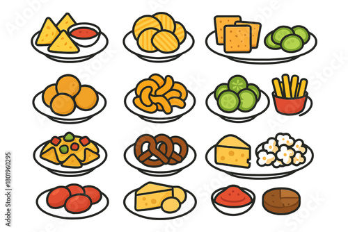 Assorted snack icons on plates featuring chips, crackers, cheese, popcorn, and pretzels.