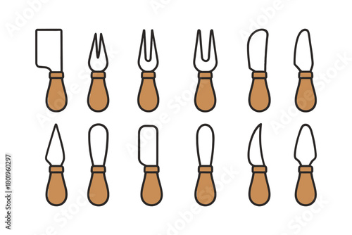 Set of twelve cheese knives with wooden handles - line art illustration.