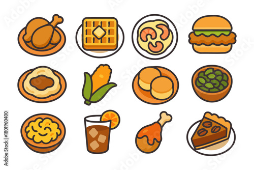 Illustrated icons of classic southern cuisine and dishes in vibrant colors.