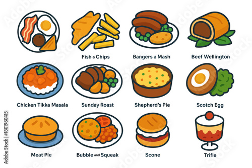 Illustrated varieties of traditional british dishes.