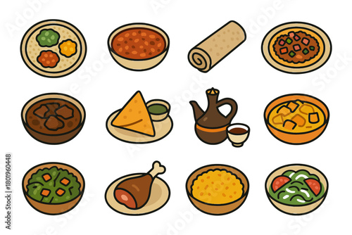 Colorful assortment of traditional cuisine dishes in cartoon style.