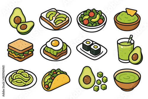 Avocado foods: sandwich, sushi, salad, taco, smoothie, soup, guacamole variety.