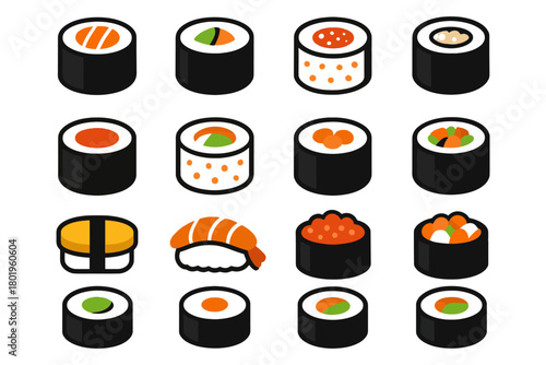 Variety of sushi icons: nigiri, maki, and rolls with vibrant ingredients.