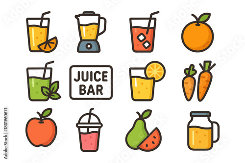 Colorful juice bar icons with blender, fruits, and drinks.