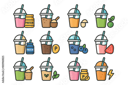 Colorful protein shakes with fruit icons and ingredients.
