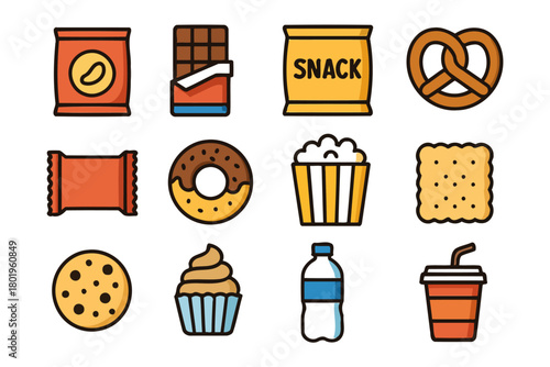 Colorful collection of snack icons featuring chips, chocolate, and more.