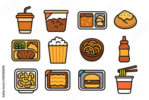 Illustration of assorted fast food and takeout items.