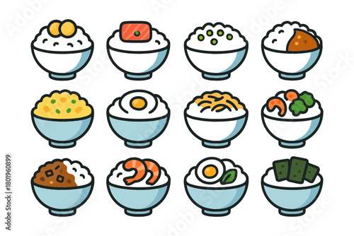 Assorted rice dishes with toppings in bowls: sushi, curry, egg, shrimp, vegetables.