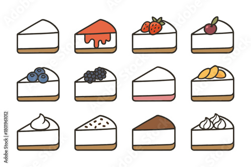 Assorted cheesecake slices with various toppings.