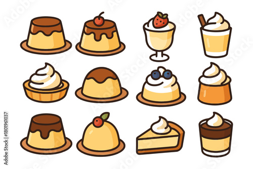 Assorted pudding and dessert icons with various toppings and flavors.