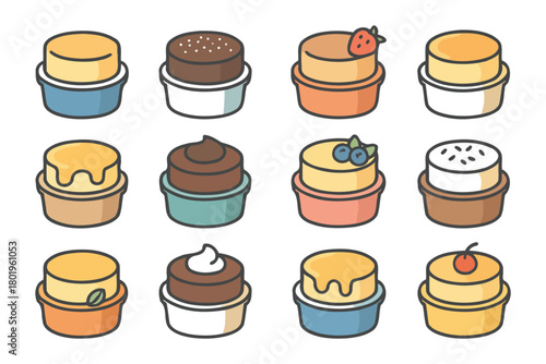 Colorful assorted custard desserts with various toppings in cute containers.