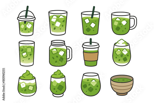 Variety of matcha drinks in different glasses and cups.