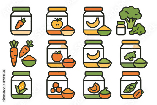 Colorful collection of baby food jars with vegetables and fruits.