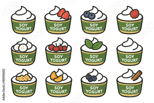 Variety of soy yogurt flavors with fruits and toppings.