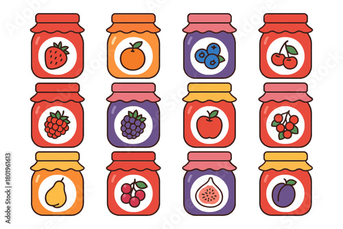 Colorful jam jars with various fruit designs on white background.